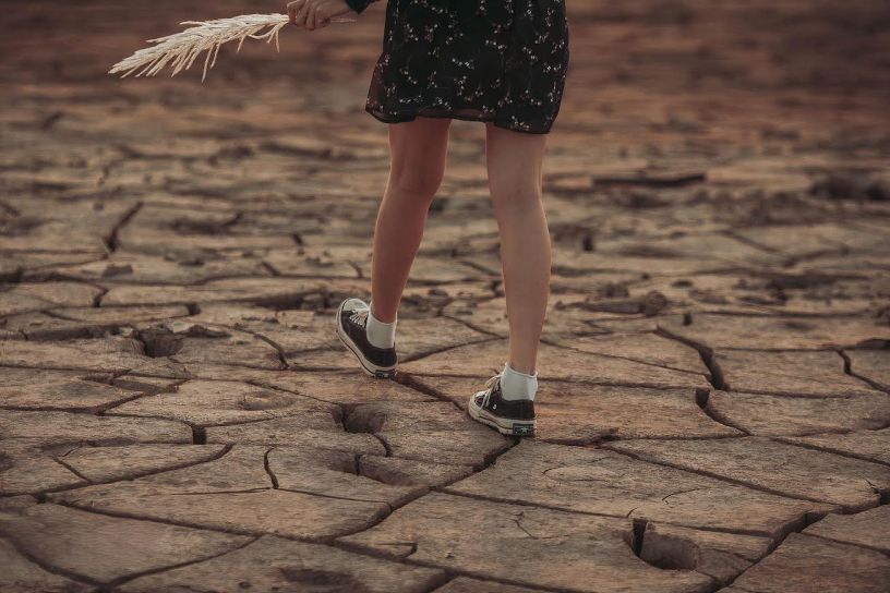 Terreno arido e profondamente screpolato a causa della siccità, con una persona che cammina portando una spiga secca. L'immagine rappresenta gli effetti dei cambiamenti climatici e della carenza idrica sull'ambiente.