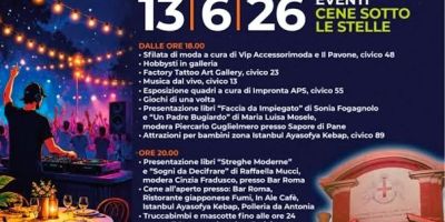 Locandina dell'evento “Vivi Via Dante” ad Alessandria con programma di spettacoli, musica, arte, presentazioni di libri e cene sotto le stelle previste per sabato 13 giugno 2026 nel centro cittadino.