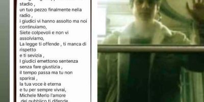 Ritratto evocativo di Michele Merlo dietro una finestra, accompagnato dalla poesia “Chi ti ama non si arrende” di Genny Caiazzo, dedicata alla memoria del giovane cantautore italiano.