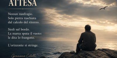 Uomo seduto su una scogliera rocciosa davanti al mare al tramonto, immerso nell’attesa e nella contemplazione dell’orizzonte, ispirato alla poesia Attesa di Graziano Citelli.