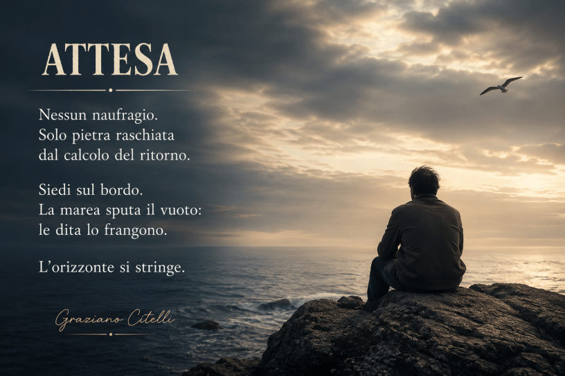 Uomo seduto su una scogliera rocciosa davanti al mare al tramonto, immerso nell’attesa e nella contemplazione dell’orizzonte, ispirato alla poesia Attesa di Graziano Citelli.