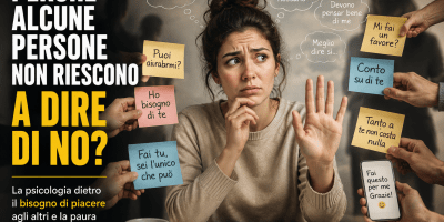 Donna seduta a una scrivania mentre cerca di rifiutare numerose richieste provenienti da persone intorno a lei. L'immagine rappresenta la difficoltà di dire di no, il bisogno di approvazione e la pressione sociale analizzati dalla psicologia.