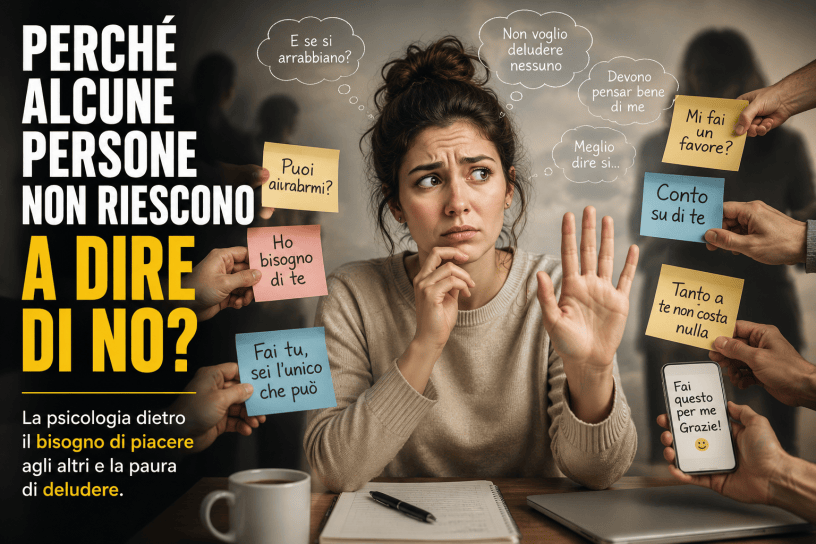 Donna seduta a una scrivania mentre cerca di rifiutare numerose richieste provenienti da persone intorno a lei. L'immagine rappresenta la difficoltà di dire di no, il bisogno di approvazione e la pressione sociale analizzati dalla psicologia.