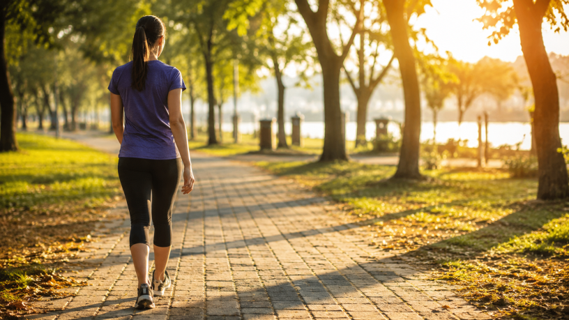 Uomo e donna che camminano a passo sostenuto lungo un percorso immerso nel verde durante una luminosa giornata di sole. L'immagine rappresenta i benefici della camminata quotidiana per la salute fisica e mentale.