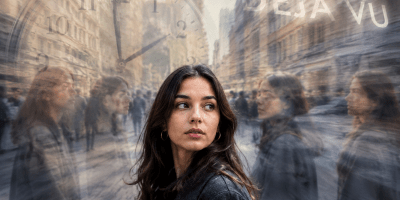 Donna immersa in un'esperienza di déjà vu mentre osserva una città sfocata, con immagini sovrapposte e orologi che simboleggiano memoria, tempo e percezione.