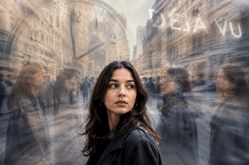 Donna immersa in un'esperienza di déjà vu mentre osserva una città sfocata, con immagini sovrapposte e orologi che simboleggiano memoria, tempo e percezione.