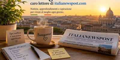 Alba luminosa su una città italiana con tazza di caffè fumante, giornale, agenda e fiori colorati su un tavolo in legno. Immagine dedicata al buongiorno dei lettori di italianewspost.com e alla scoperta quotidiana di notizie, cultura e curiosità.