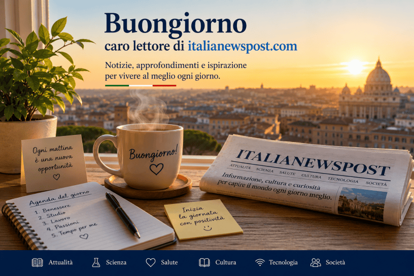 Alba luminosa su una città italiana con tazza di caffè fumante, giornale, agenda e fiori colorati su un tavolo in legno. Immagine dedicata al buongiorno dei lettori di italianewspost.com e alla scoperta quotidiana di notizie, cultura e curiosità.