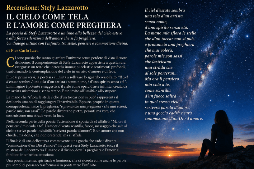 Donna seduta sotto un cielo estivo ricco di stelle e attraversato dalla Via Lattea. L'immagine richiama la contemplazione dell'infinito, la preghiera e l'amore evocati nella poesia di Stefy Lazzarotto.