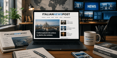 Postazione editoriale moderna con computer portatile che mostra la homepage di italianewspost.com, affiancato da smartphone, giornale, libri e tazza da caffè in un ambiente professionale dedicato all'informazione digitale.