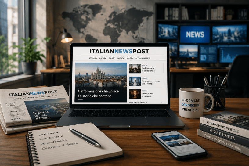Postazione editoriale moderna con computer portatile che mostra la homepage di italianewspost.com, affiancato da smartphone, giornale, libri e tazza da caffè in un ambiente professionale dedicato all'informazione digitale.
