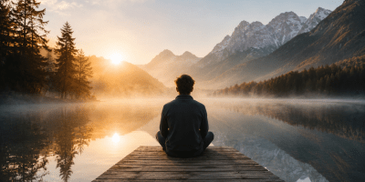 Persona seduta in silenzio su un pontile affacciato su un lago immerso nella nebbia del mattino, con montagne sullo sfondo e atmosfera di pace e contemplazione.