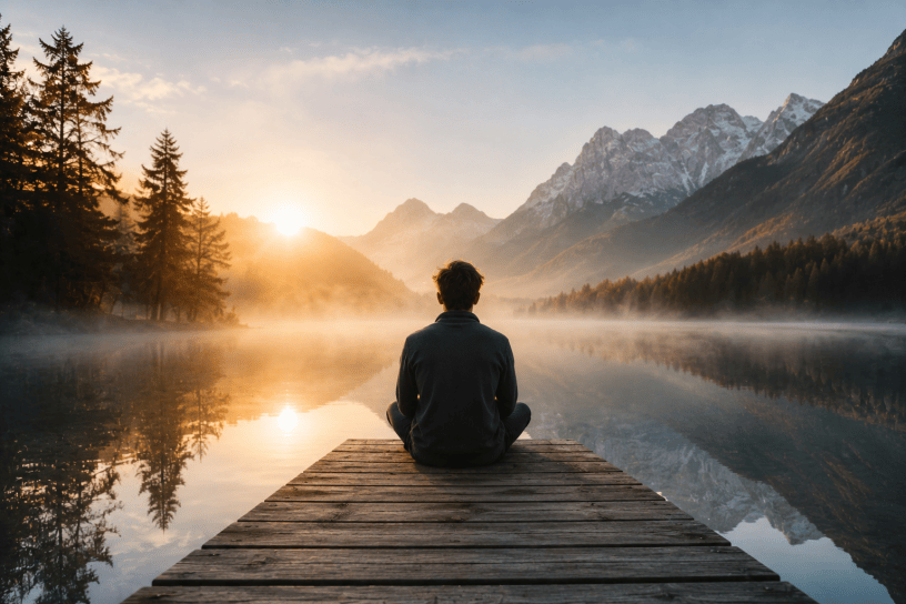 Persona seduta in silenzio su un pontile affacciato su un lago immerso nella nebbia del mattino, con montagne sullo sfondo e atmosfera di pace e contemplazione.
