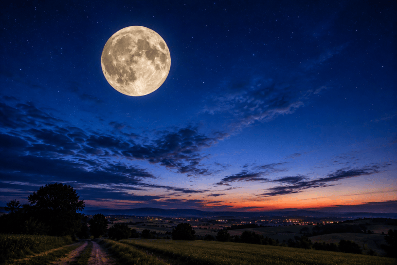 Grande Luna piena che domina il cielo notturno sopra una campagna in penombra, con colline e luci lontane all'orizzonte, immagine ispirata alla curiosità scientifica sul perché la Luna sembra seguirci.