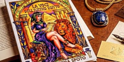 Copertina del romanzo illustrato La voce dell'antico Egitto di Maria Catena Spoto, raffigurante una figura femminile ispirata all'antico Egitto accanto a un leone, circondata da simboli, geroglifici e richiami alla civiltà egizia.