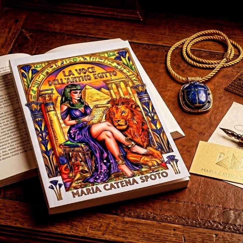 Copertina del romanzo illustrato La voce dell'antico Egitto di Maria Catena Spoto, raffigurante una figura femminile ispirata all'antico Egitto accanto a un leone, circondata da simboli, geroglifici e richiami alla civiltà egizia.