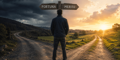 Uomo fermo a un bivio di campagna osserva due strade divergenti sotto un cielo diviso tra tempesta e sole, simbolo del rapporto tra fortuna, merito e scelte di vita.