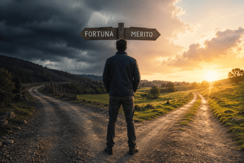 Uomo fermo a un bivio di campagna osserva due strade divergenti sotto un cielo diviso tra tempesta e sole, simbolo del rapporto tra fortuna, merito e scelte di vita.