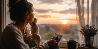 Donna seduta accanto a una finestra al tramonto mentre osserva una fotografia del passato, immersa nei ricordi e nella riflessione.