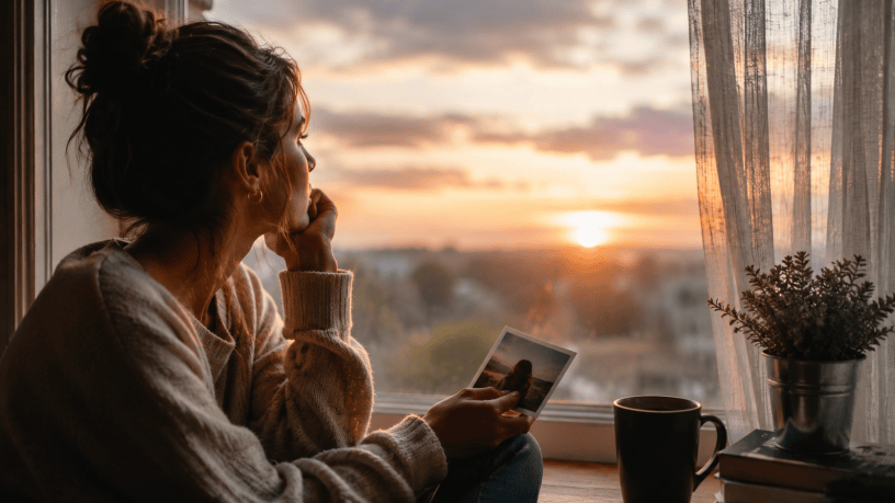 Donna seduta accanto a una finestra al tramonto mentre osserva una fotografia del passato, immersa nei ricordi e nella riflessione.