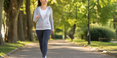 Donna che cammina con passo deciso in un parco alberato, simbolo di benessere, attività fisica quotidiana e prevenzione per la salute.