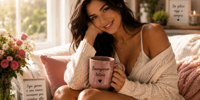 Giovane donna mora sorridente con tazza “Buongiorno lettori” in un ambiente luminoso e accogliente, con fiori e luce del mattino.