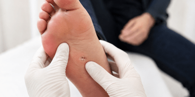 Persona che osserva una verruca sulla mano mentre un dermatologo esamina la pelle in uno studio medico moderno. Immagine fotografica realistica dedicata alla prevenzione e alla cura delle verruche.