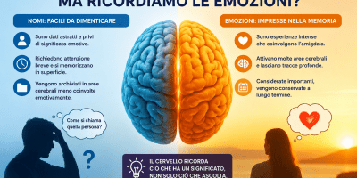 Infografica sul funzionamento della memoria umana con un cervello diviso in due sezioni che confrontano la difficoltà di ricordare i nomi e la facilità con cui vengono conservate le emozioni.