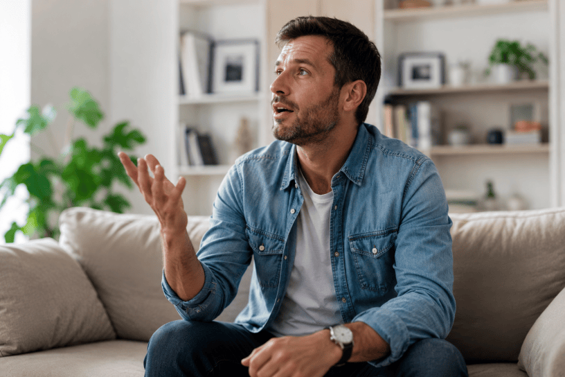 Uomo seduto sul divano di casa che parla da solo mentre riflette ad alta voce. L'immagine rappresenta il dialogo interiore, la concentrazione e i processi mentali studiati dalla psicologia.