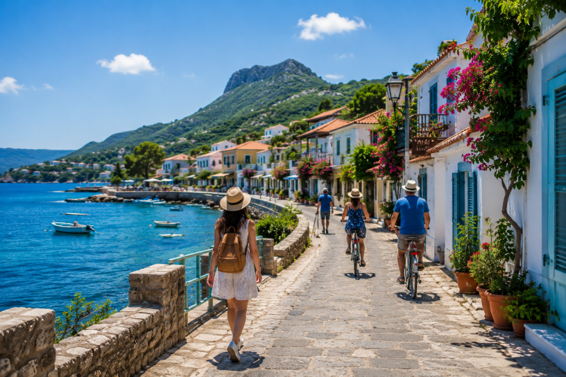 Isola tranquilla senza automobili con abitanti e turisti che si spostano a piedi e in bicicletta vicino al mare.