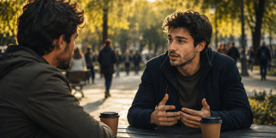Due amici conversano seduti a un tavolo in un parco.