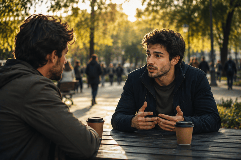 Due amici conversano seduti a un tavolo in un parco.