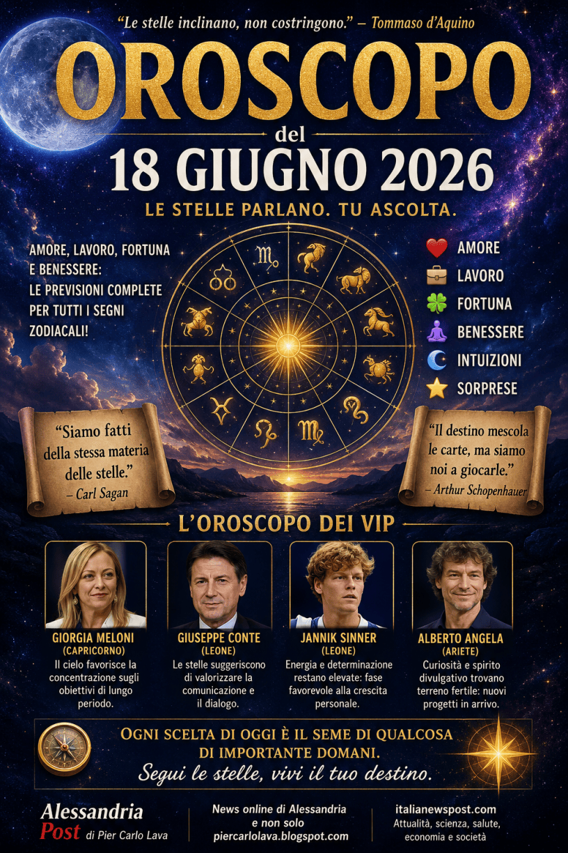 Manifesto astrologico del 18 giugno 2026 con ruota zodiacale luminosa, cielo stellato, simboli dei segni zodiacali, citazioni celebri e oroscopo dei personaggi famosi su sfondo cosmico.