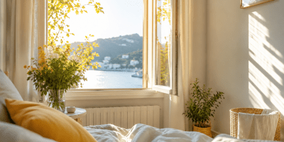 Camera da letto illuminata dalla luce dorata del mattino con finestra aperta, raggi di sole che entrano nella stanza e atmosfera estiva serena e accogliente.