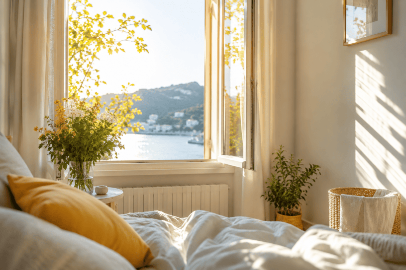 Camera da letto illuminata dalla luce dorata del mattino con finestra aperta, raggi di sole che entrano nella stanza e atmosfera estiva serena e accogliente.