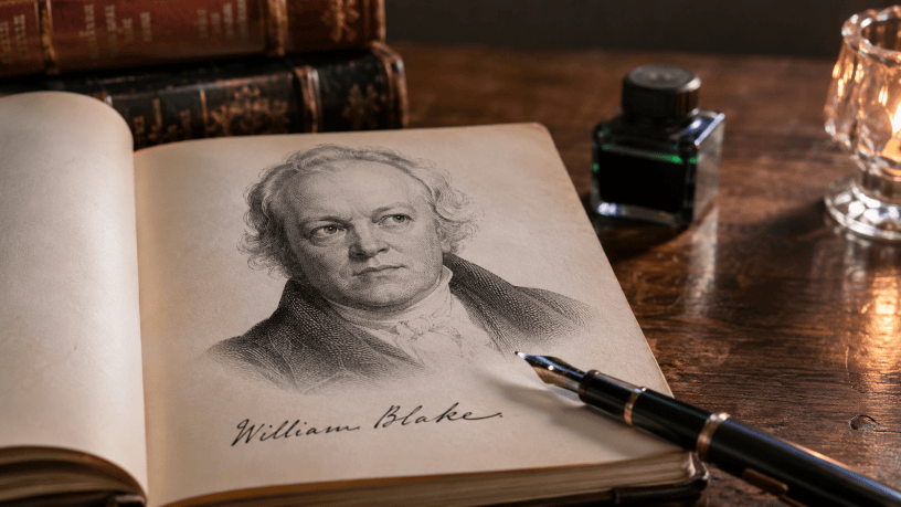 Ritratto realistico di William Blake in un antico studio illuminato da una candela, con libri, calamaio e penna d'epoca, in un'atmosfera culturale e letteraria.