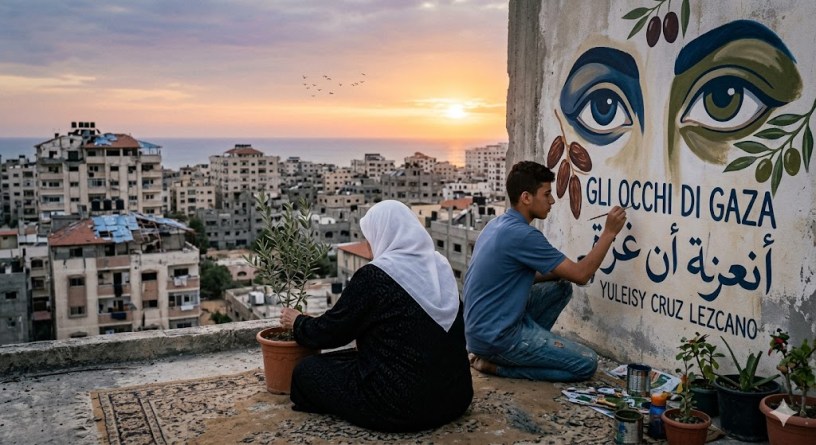 Un murales su un tetto a Gaza raffigura due grandi occhi espressivi circondati da rami d'ulivo, con il titolo della poesia di Yuleisy Cruz Lezcano. Un ragazzo dipinge la parete mentre una donna anziana cura una pianta di ulivo in vaso, sullo sfondo del panorama urbano al tramonto.