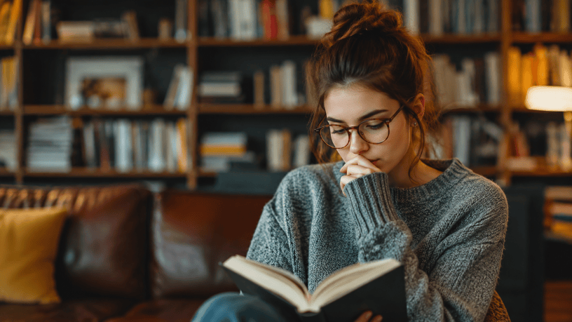 Giovane donna immersa nella lettura di un libro in una biblioteca domestica, simbolo di riflessione, concentrazione e intelligenza.