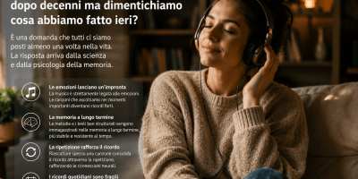 Donna seduta in un ambiente domestico accogliente mentre ascolta musica con le cuffie e sorride ad occhi chiusi, simbolo del legame tra musica, emozioni e memoria a lungo termine.