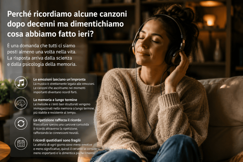Donna seduta in un ambiente domestico accogliente mentre ascolta musica con le cuffie e sorride ad occhi chiusi, simbolo del legame tra musica, emozioni e memoria a lungo termine.