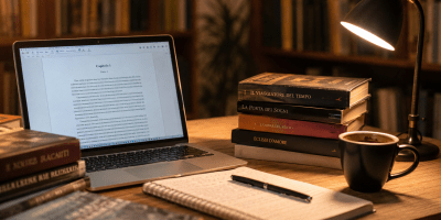 Scrivania di uno scrittore illuminata da una lampada da tavolo, con computer portatile, quaderno di appunti, libri impilati e una tazza di caffè, simbolo del percorso creativo che porta alla pubblicazione di un libro.
