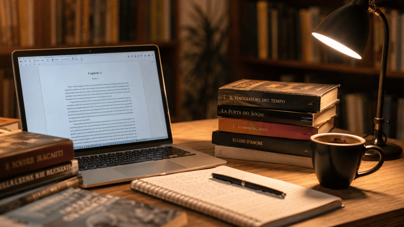 Scrivania di uno scrittore illuminata da una lampada da tavolo, con computer portatile, quaderno di appunti, libri impilati e una tazza di caffè, simbolo del percorso creativo che porta alla pubblicazione di un libro.