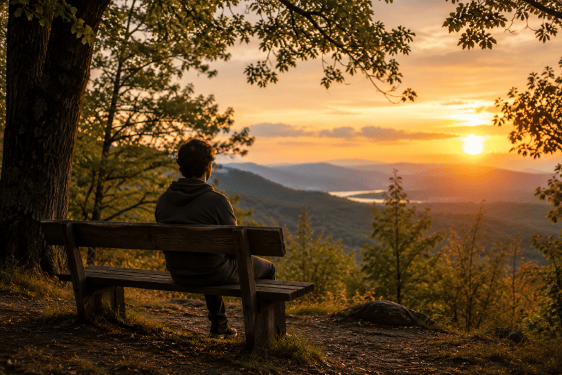 Persona seduta in silenzio su una panchina immersa nella natura al tramonto, simbolo della ricerca di tranquillità nell'era digitale.