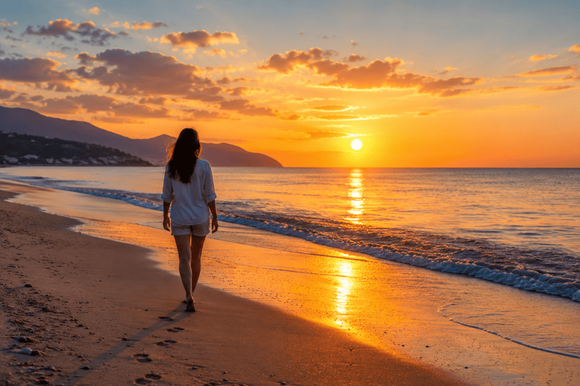 Persona che cammina lungo una spiaggia al tramonto osservando il mare calmo e l'orizzonte. Un'immagine che richiama il benessere psicologico, la serenità e il rapporto tra l'essere umano e la natura.