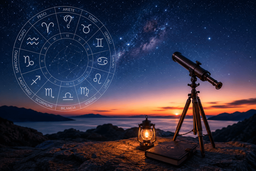 Paesaggio notturno con cielo stellato, ruota zodiacale luminosa, telescopio puntato verso le stelle e lanterna accesa sul bordo di una scogliera. Immagine dedicata all'oroscopo del 13 giugno 2026.