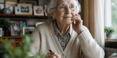 Donna anziana di circa novant'anni seduta in casa mentre legge e prende appunti. Il suo sguardo attento e sereno rappresenta la lucidità mentale, la memoria e l'invecchiamento attivo.
