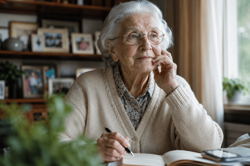 Donna anziana di circa novant'anni seduta in casa mentre legge e prende appunti. Il suo sguardo attento e sereno rappresenta la lucidità mentale, la memoria e l'invecchiamento attivo.