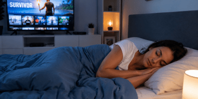 Giovane donna che dorme serenamente nel proprio letto mentre una televisione accesa illumina la stanza durante la notte. La luce dello schermo crea un'atmosfera soffusa e rappresenta l'abitudine di addormentarsi con la TV accesa.