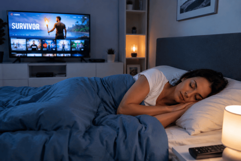 Giovane donna che dorme serenamente nel proprio letto mentre una televisione accesa illumina la stanza durante la notte. La luce dello schermo crea un'atmosfera soffusa e rappresenta l'abitudine di addormentarsi con la TV accesa.