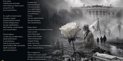 Rosa bianca in un paesaggio cupo e nebbioso con un anziano e simboli di degrado ambientale e sociale. L'immagine rappresenta il contrasto tra purezza apparente e oscurità morale evocato dalla poesia “Oscurità Bianche” di Bahtiyar Hidayet.